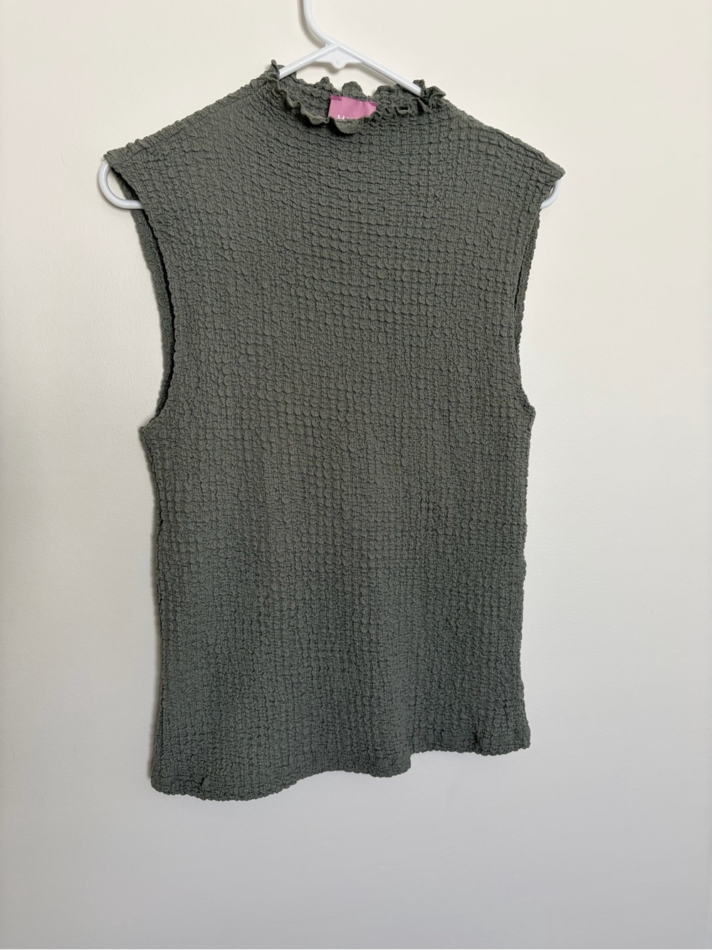 Muse Olive Green Textured Sleeveless Mock Ruffle Tank
